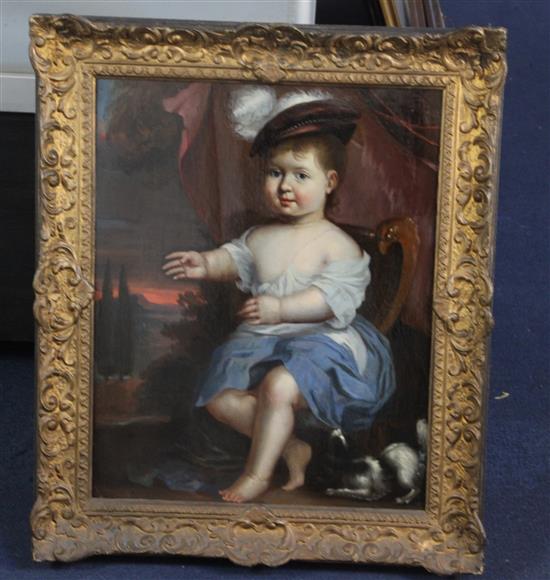 Jan Mytens (1614-1670) Portrait of a young boy seated with a small dog 17.5 x 14in.